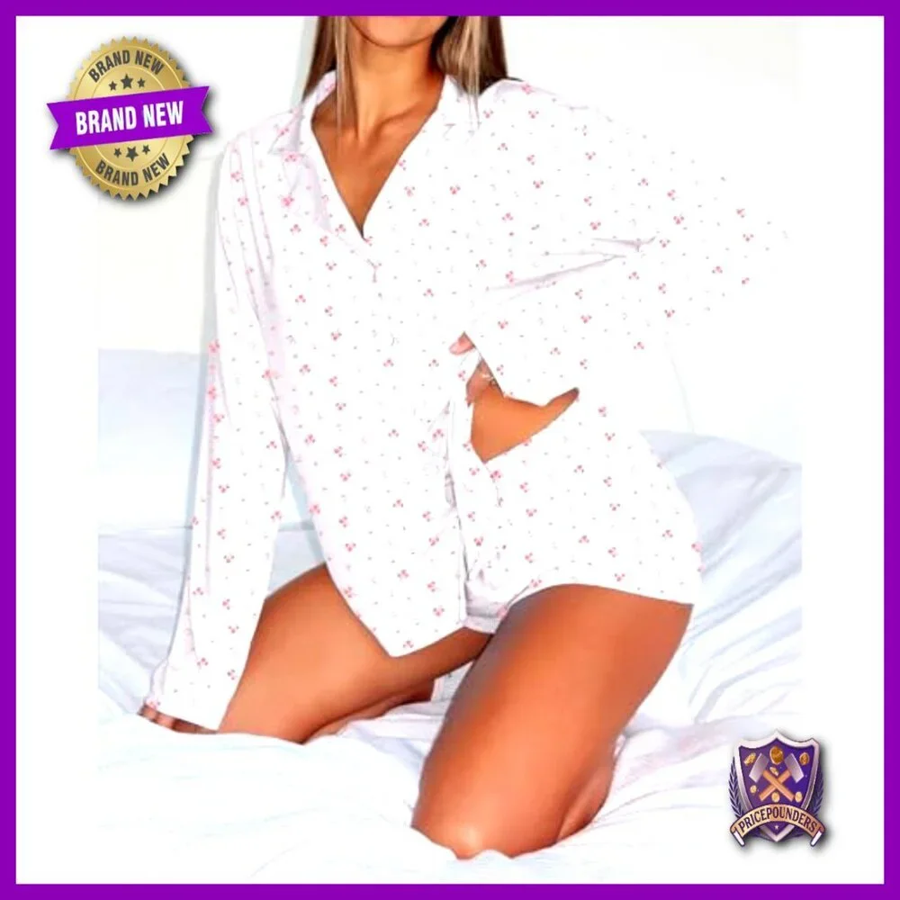 Women's 2-Piece Pajama Set Long Sleeve V-Neck Button Up Slim Fit